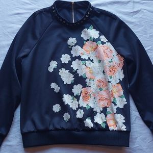 FLORAL black long sleeve w zipper back, M